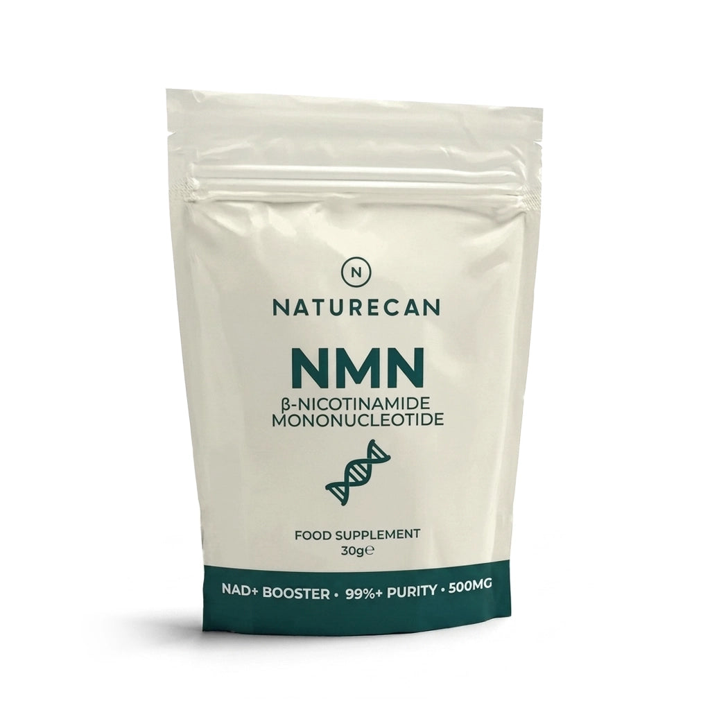A 30g stand-up pouch of Naturecan NMN food supplement, featuring a cream-colored body with dark teal text and a dark teal band at the bottom, set against a plain white background.
