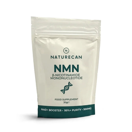 A 30g stand-up pouch of Naturecan NMN food supplement, featuring a cream-colored body with dark teal text and a dark teal band at the bottom, set against a plain white background.