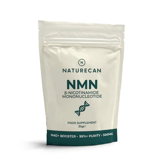 A 30g stand-up pouch of Naturecan NMN food supplement, featuring a cream-colored body with dark teal text and a dark teal band at the bottom, set against a plain white background.
