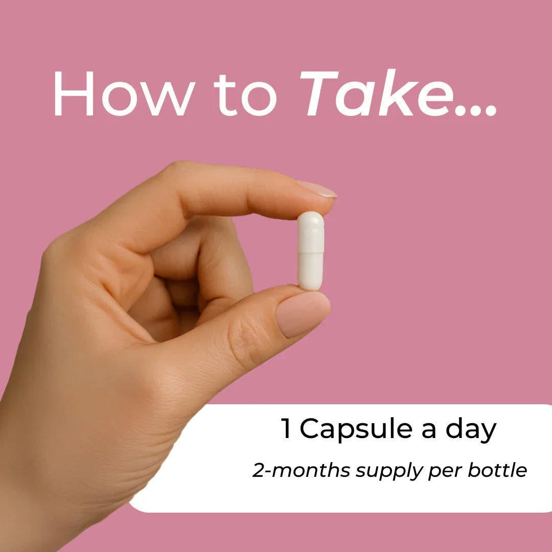 How to take Menopause Support Capsules infographic – pink background with hand holding white capsule; take 1 capsule a day, 2-months supply per bottle