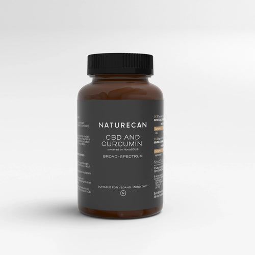 Naturecan CBD and Curcumin capsules powered by NovaSOL® – dark amber bottle with black label, broad spectrum, suitable for vegans, zero THC