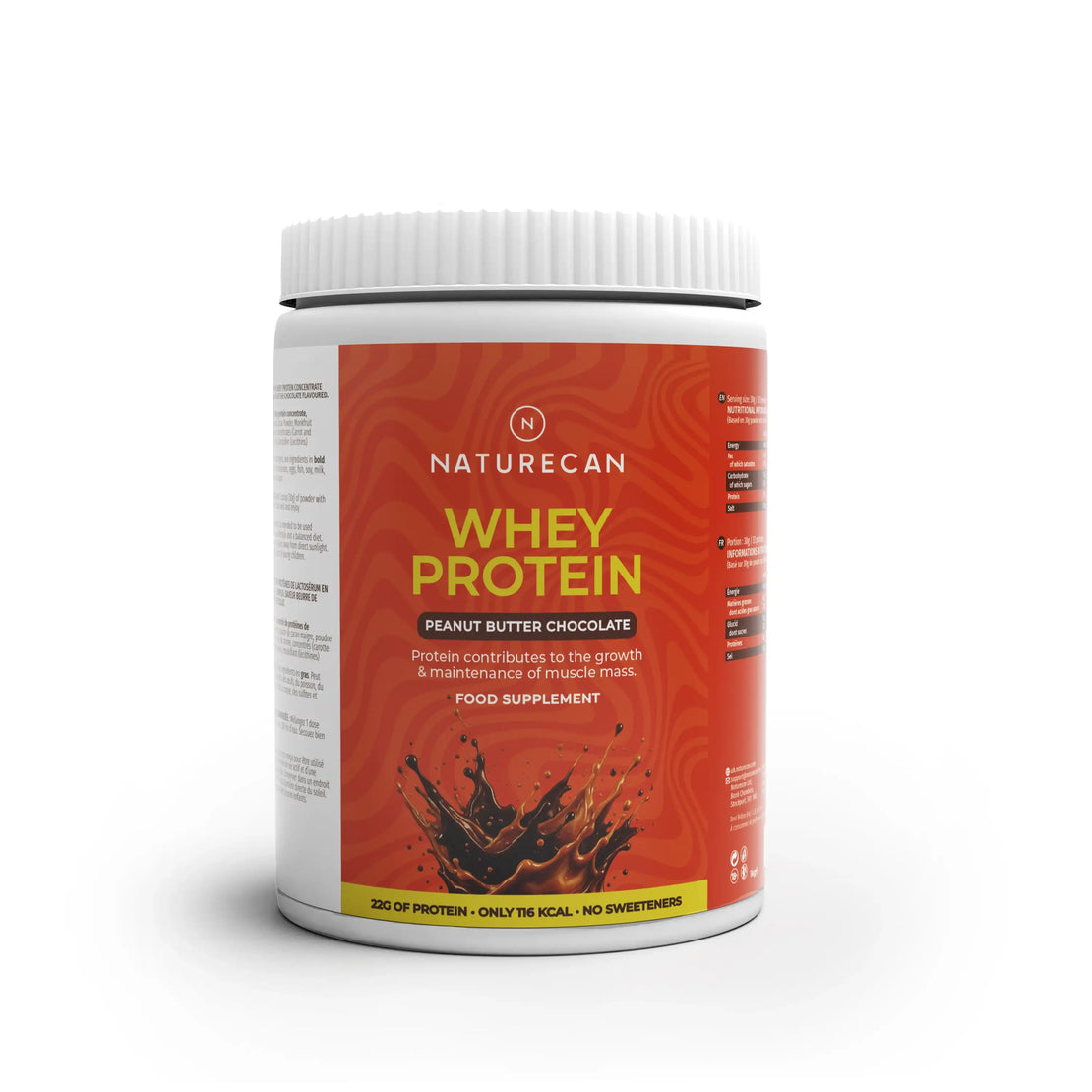 Naturecan Whey Protein Peanut Butter Chocolate tub – orange tub with chocolate splash graphic, 22g protein, only 116 kcal, no sweeteners, food supplement