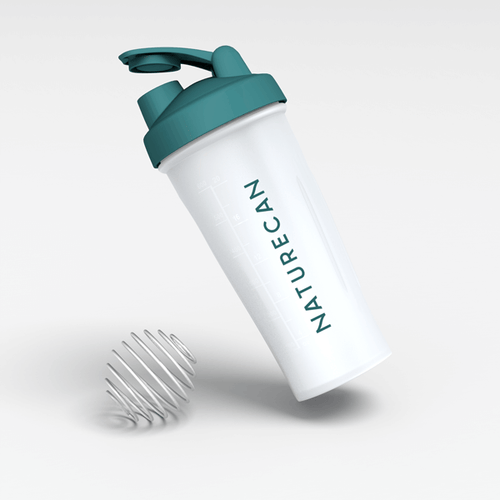 Naturecan protein shaker bottle – side angle view showing white bottle with teal lid and mixing ball