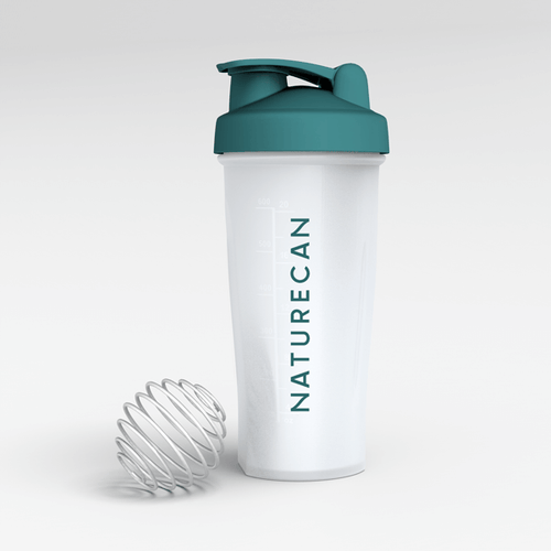 Naturecan protein shaker bottle – white bottle with teal lid and Naturecan branding, with wire mixing ball