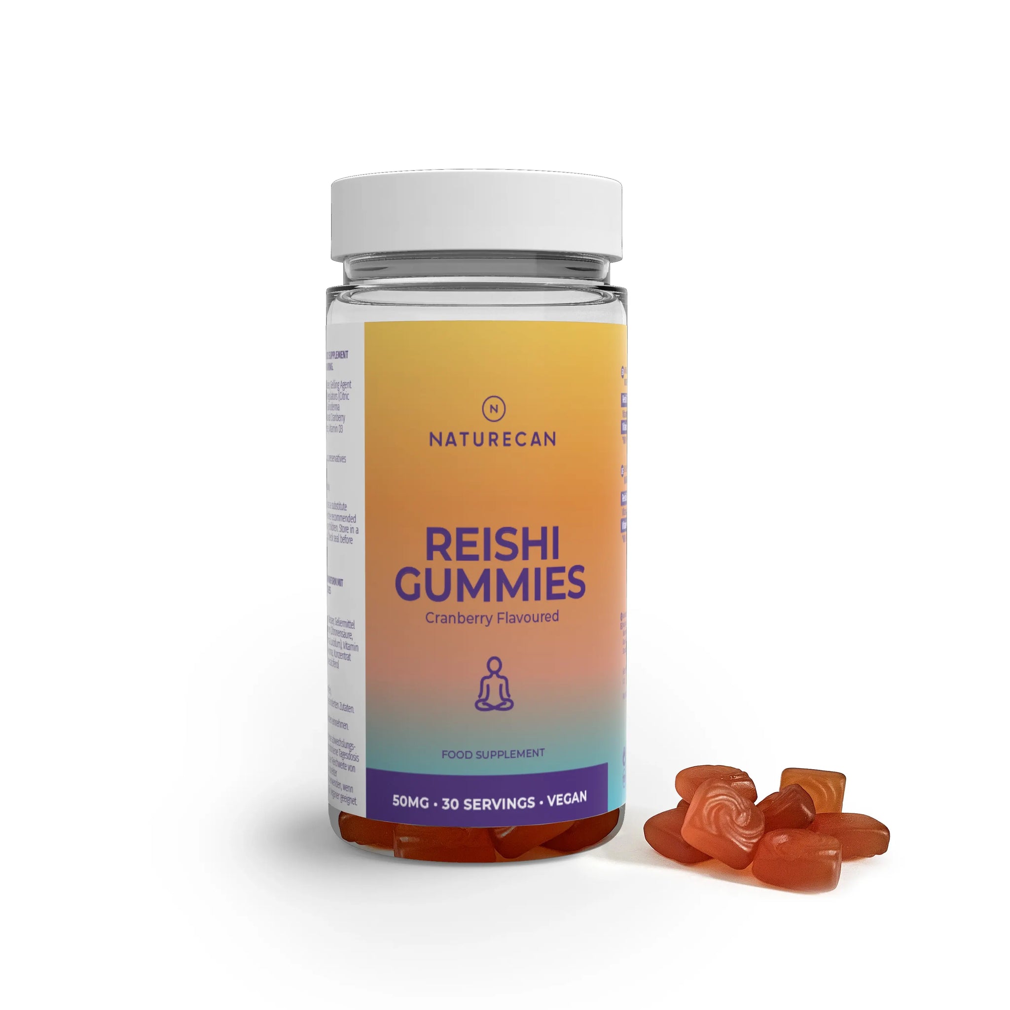 Naturecan Reishi Gummies – clear jar with gradient yellow-to-purple label, Reishi Gummies cranberry flavoured, food supplement, 50mg, 30 servings, vegan; with orange cranberry gummy bears displayed beside it