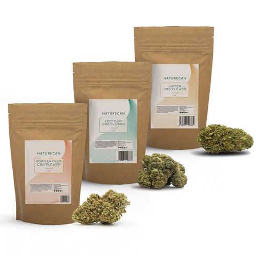 Naturecan CBD Flower Relax Bundle – three kraft paper pouches: Gorilla Glue CBD Flower, Fedtonic CBD Flower, and Lifter CBD Flower, with green CBD flower buds displayed in front