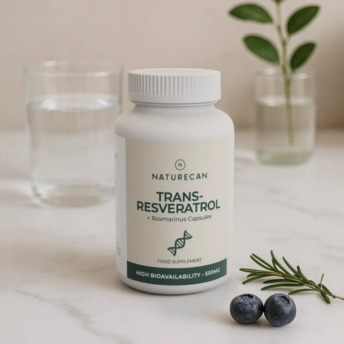 Naturecan Trans-Resveratrol supplement lifestyle – bottle on marble surface with glass of water, fresh rosemary sprig and blueberries beside green plant in background