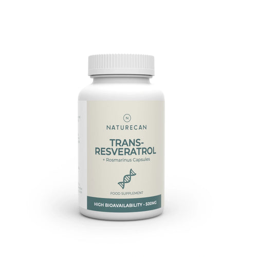 Naturecan Trans-Resveratrol + Rosmarinus Capsules – white bottle with sage green label, 500mg high bioavailability Resveratrol, DNA helix icon, food supplement