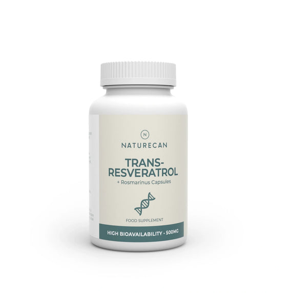 Naturecan Trans-Resveratrol + Rosmarinus Capsules – white bottle with sage green label, 500mg high bioavailability Resveratrol, DNA helix icon, food supplement