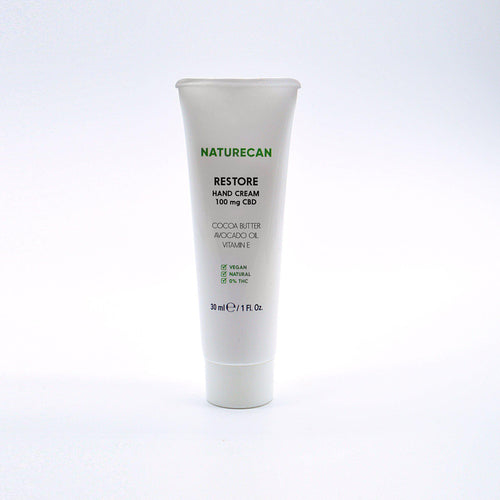Naturecan Restore Hand Cream 30ml – white tube with 100mg CBD, cocoa butter, avocado oil and Vitamin E, vegan, natural, 0% THC