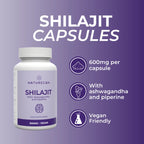 Shilajit capsules bottle with product details on a purple background