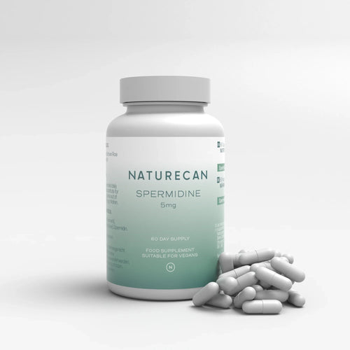 Naturecan Spermidine 5mg capsule bottle – white and teal bottle with capsules spilled beside it, 60 day supply, food supplement, suitable for vegans