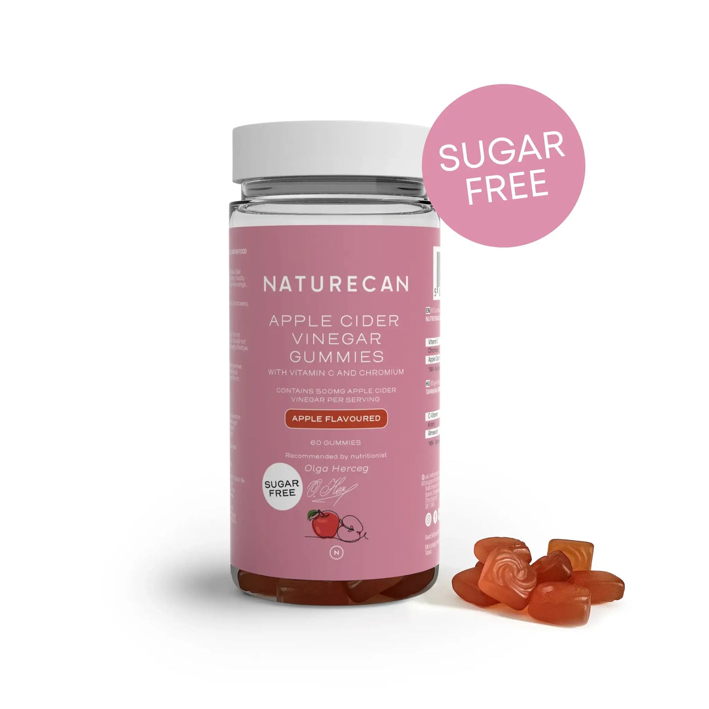Naturecan apple cider vinegar gummies with a pink label and 'Sugar Free' badge on a white background.