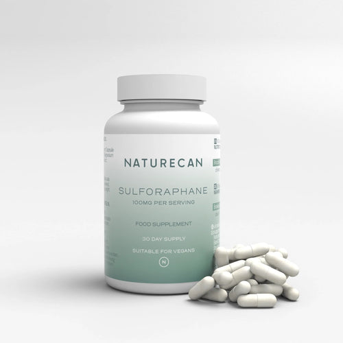 Naturecan Sulforaphane capsules – white and teal bottle, 100mg per serving, food supplement, 30 day supply, suitable for vegans, with white capsules spilled beside it