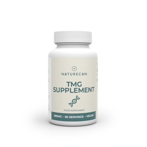 Naturecan TMG Supplement – white bottle with cream and teal label, TMG Supplement with DNA helix icon, food supplement, 686mg, 60 servings, vegan