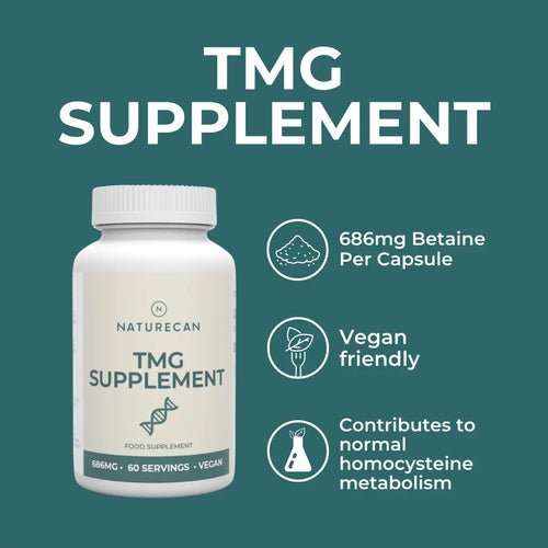 Naturecan TMG Supplement product highlights infographic – teal background with bottle and three callouts: 686mg Betaine per capsule, vegan friendly, contributes to normal homocysteine metabolism
