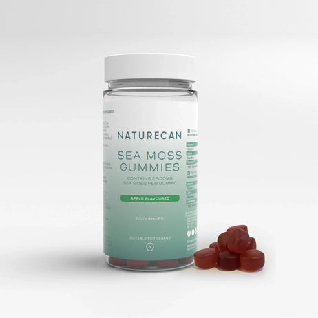 Naturecan Sea Moss Gummies – clear bottle with white and teal label, 2500mg sea moss per gummy, Apple Flavoured, 60 gummies, suitable for vegans, with dark red gummies beside it