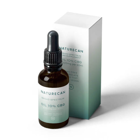 Naturecan 10% CBG Oil 30ml – broad spectrum CBG supplement, brown dropper bottle with teal gradient box, GMO free, vegan, zero THC