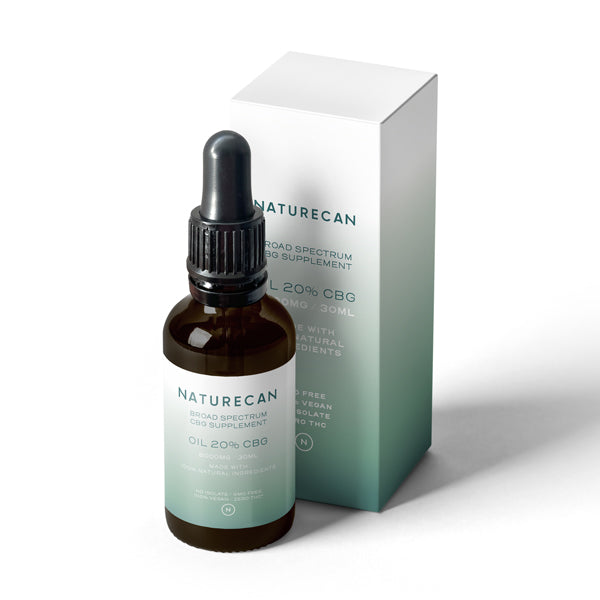 Naturecan 20% CBG Oil 30ml – broad spectrum CBG supplement, brown dropper bottle with teal gradient box, made with natural ingredients, vegan, zero THC