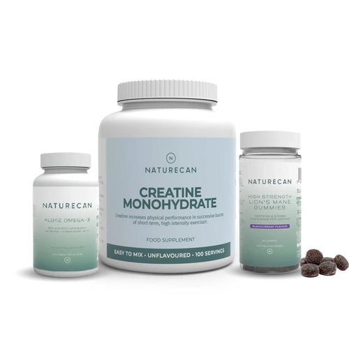 Naturecan Cognitive Support Bundle – three products on white background: Algae Omega-3 capsules, Creatine Monohydrate large tub, and High Strength Lion's Mane Gummies