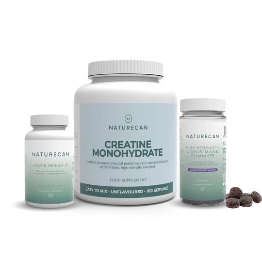 Naturecan Cognitive Support Bundle – three products on white background: Algae Omega-3 capsules, Creatine Monohydrate large tub, and High Strength Lion's Mane Gummies