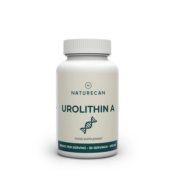 Naturecan Urolithin A Supplement – white and cream bottle with teal label, Urolithin A with DNA helix icon, food supplement, 500mg per serving, 30 servings, vegan