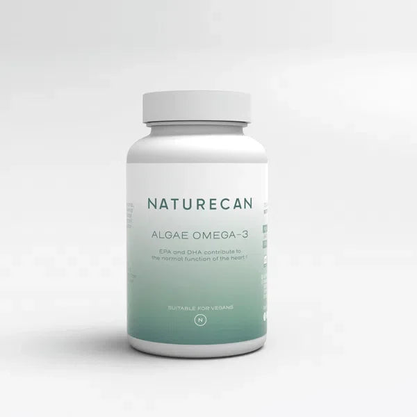 Naturecan Algae Omega-3 supplement – white and teal gradient bottle, EPA and DHA contribute to the normal function of the heart, suitable for vegans, Naturecan N logo