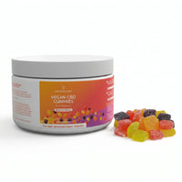 Jar of Vegan CBD Gummies with colorful gummy bears on a white background