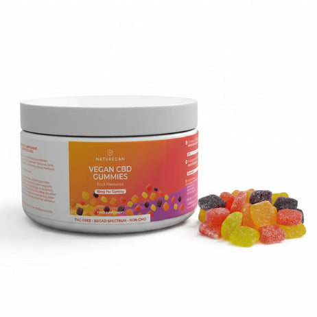 Jar of Vegan CBD Gummies with colorful gummy bears on a white background