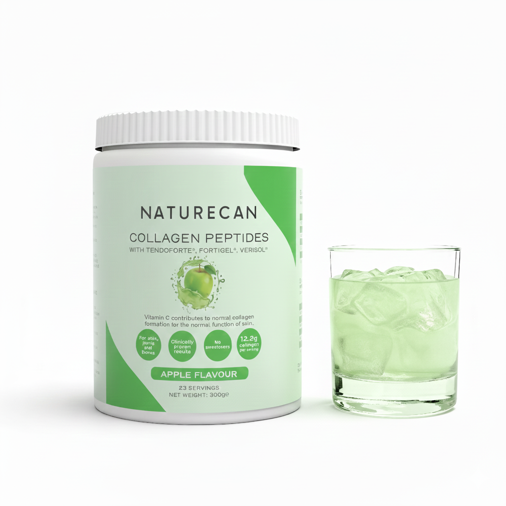 Naturecan Collagen Peptides Apple Flavour tub beside iced green apple drink, with three targeted collagen peptides
