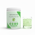 Naturecan Collagen Peptides Apple Flavour tub beside iced green apple drink, with three targeted collagen peptides