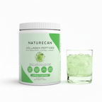 Naturecan Collagen Peptides Apple Flavour tub beside iced green apple drink, with three targeted collagen peptides