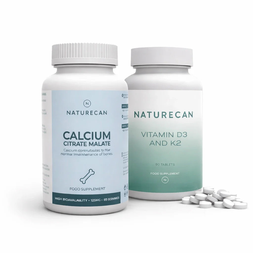 Naturecan Joints Basic Bundle – two white supplement bottles on white background: Calcium Citrate Malate (125mg high bioavailability 60 servings, bone maintenance) and Vitamin D3 and K2 (90 tablets food supplement); with white tablets scattered beside them