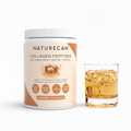 Naturecan Collagen Peptides Caramel Flavour tub beside iced caramel drink, with TENDOFORTE, FORTIGEL and VERISOL peptides