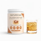 Naturecan Collagen Peptides Caramel Flavour tub beside iced caramel drink, with TENDOFORTE, FORTIGEL and VERISOL peptides