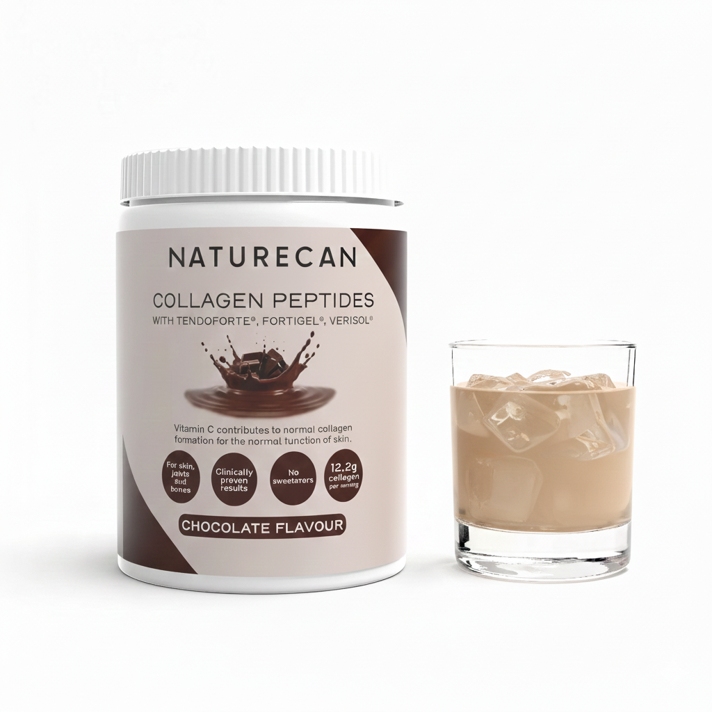 Naturecan Collagen Peptides Chocolate Flavour tub with chocolate splash and iced chocolate drink, with TENDOFORTE, FORTIGEL and VERISOL peptides