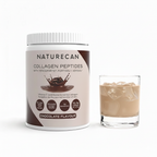 Naturecan Collagen Peptides Chocolate Flavour tub with chocolate splash and iced chocolate drink, with TENDOFORTE, FORTIGEL and VERISOL peptides