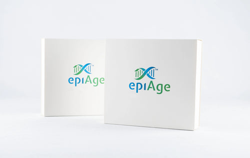 epiAge Biological Age Testing Kit – two white square epiAge boxes angled together showing front and side views with DNA logo