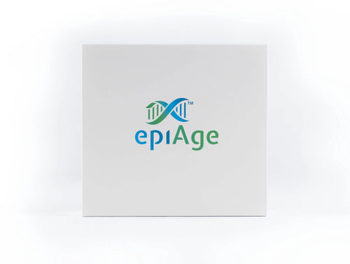 epiAge Biological Age Testing Kit box – white square gift box with epiAge logo featuring intertwined green and blue DNA helix design