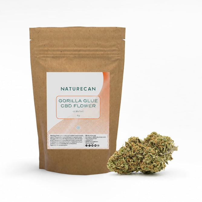 Naturecan Gorilla Glue CBD Flower package with a cannabis bud on a white background