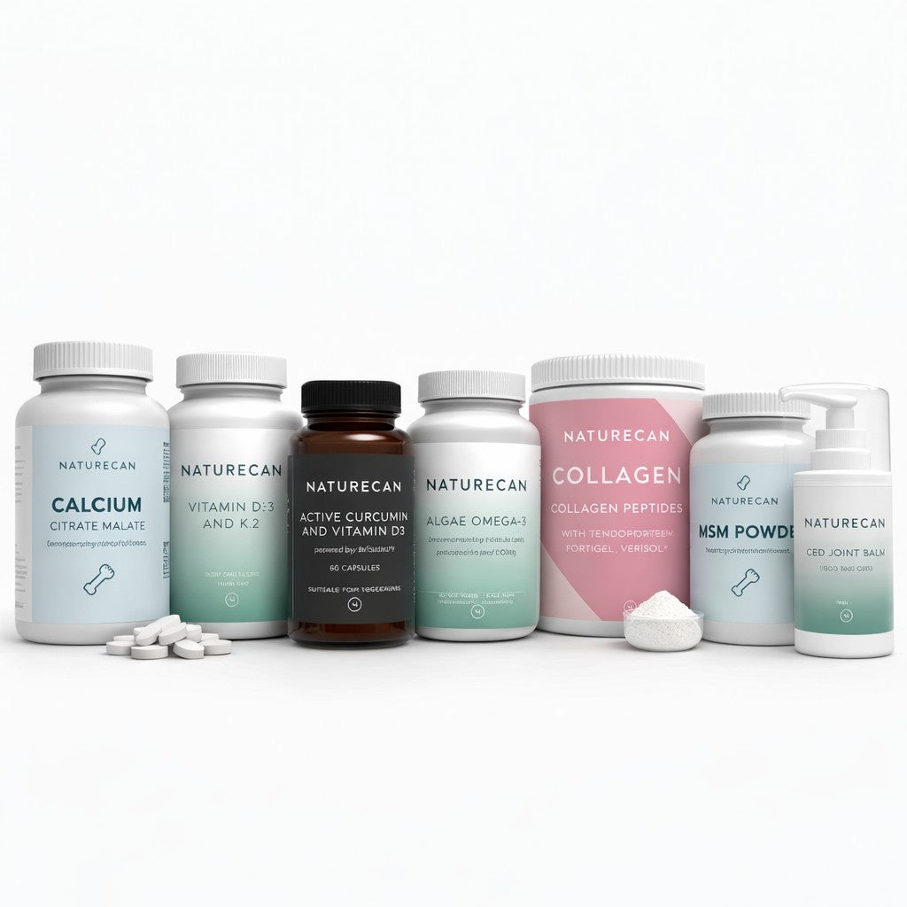 Naturecan Joints Premium Bundle – seven Naturecan products in a row on white background: Calcium Citrate Malate, Vitamin D3 and K2, Active Curcumin and Vitamin D3, Algae Omega-3, Collagen Peptides pink tub, MSM Powder, and CBD Joint Balm pump bottle