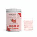 Naturecan Collagen Peptides Strawberry Flavour tub beside iced strawberry drink, with three targeted collagen peptides