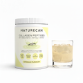 Naturecan Collagen Peptides Vanilla Flavour tub beside iced vanilla drink, with three targeted collagen peptides